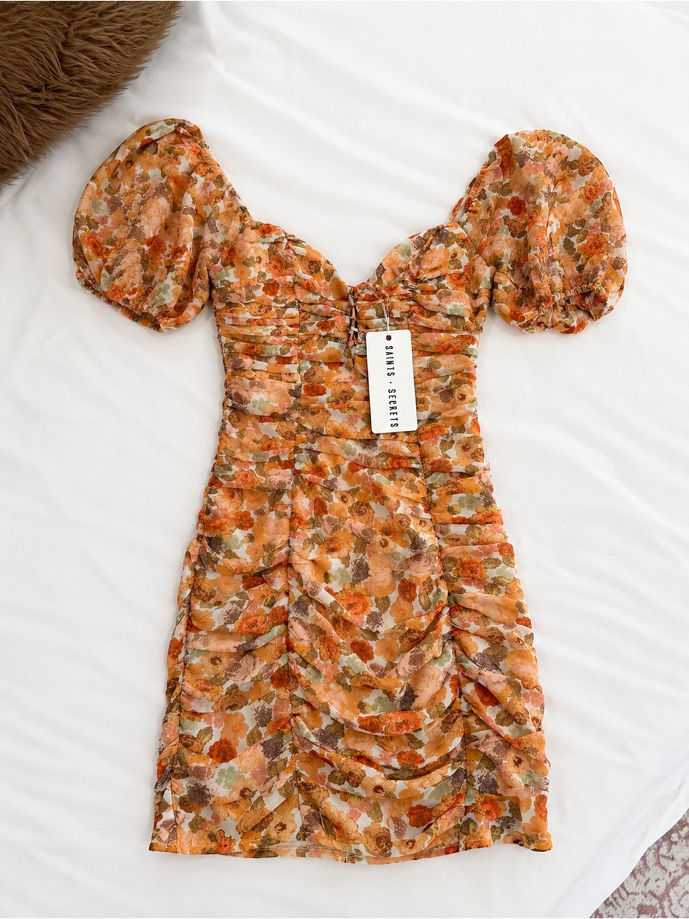 NWT Saints + Secrets Floral Ruched Puff-Sleeve Mini Dress in Orange Floral